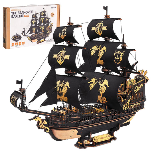 ROKR Seahorse Barque Wooden 3D Puzzle Sailboat Model Building Kit