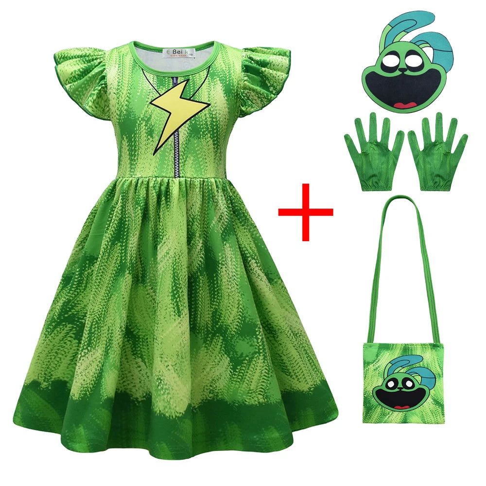 Girl Catnap Smiling Critters Cosplay Costume Kids Cartoon Cat Nap Dogday Print Dress+mask+gloves+bag Set Halloween Party Gift