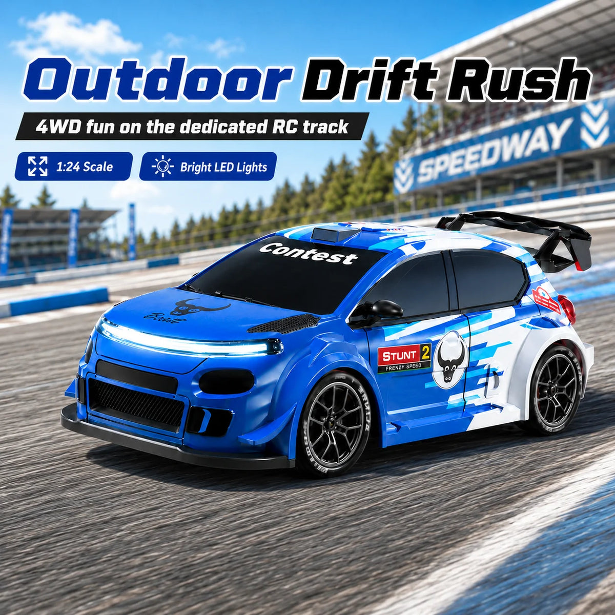 ZNLYRION SG718 1: 24 Scale 4WD RC Drift Car With Replaceable Racing Drift Tires LED Headlights Taillight Sport Rear Wing Remote Control Racing Vehicle Toy
