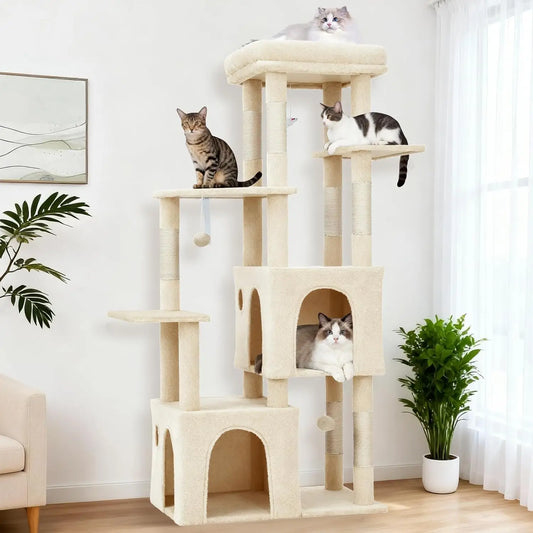 61 Inch Large Cat Tree Tower with 7 Scratching Posts 2 Cat Condos Top Perch Multi Level Cat Climbing Tree Furniture with Hanging Toys Anti Toppling Design for Indoor Cats Multi Cat Homes