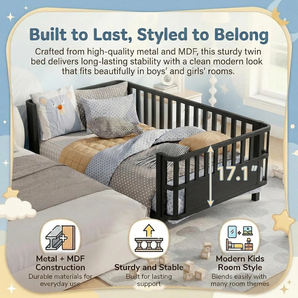 Twin Kids Bed Frame with Rails, Low Profile Montessori-Style Metal Bed for Boys Girls Teens, Removable Side Rail, 3-Sided Safety Guardrails, Metal & MDF Twin Daybed, No Box Spring Needed, Black