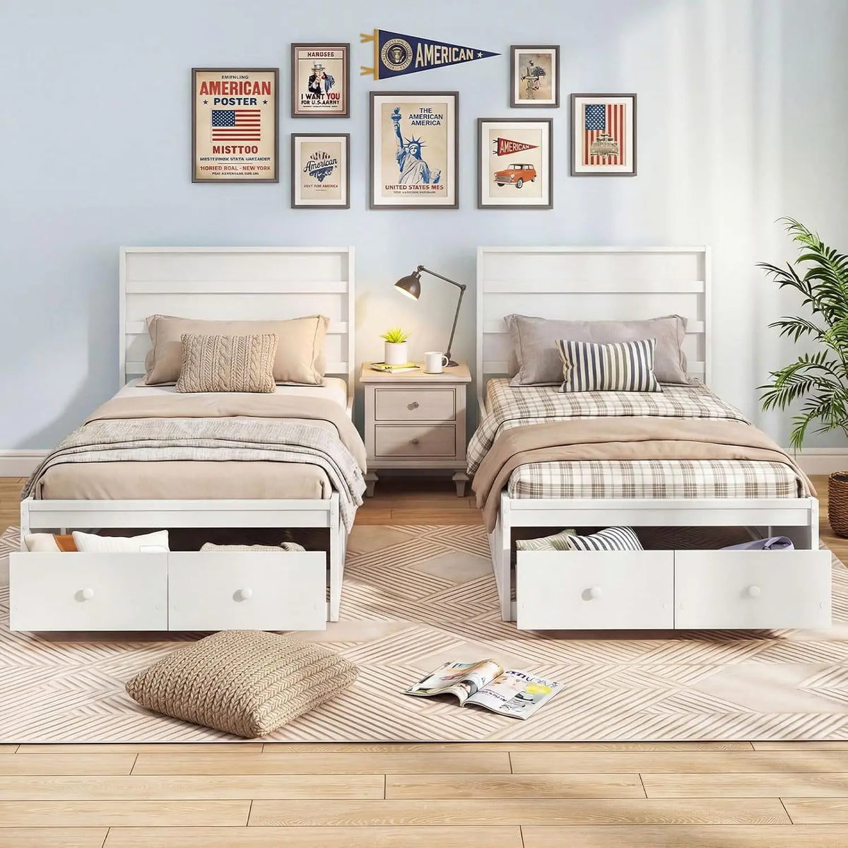 Twin Bed Frames for Kids with Storage Drawers, Wood Platform Bed with Headboard, Solid Mattress Foundation w/Wooden Slat Support & Enclosed Base, No Box Spring Needed (White, Twin)