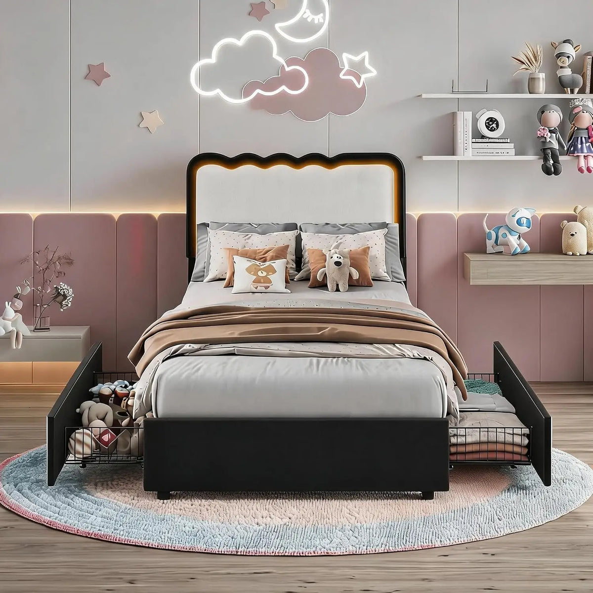 Twin Upholstered LED Bed Frame With 2 Storage Drawers, Adjustable Velvet Headboard, Platform Bed For Kids, No Box Spring Needed
