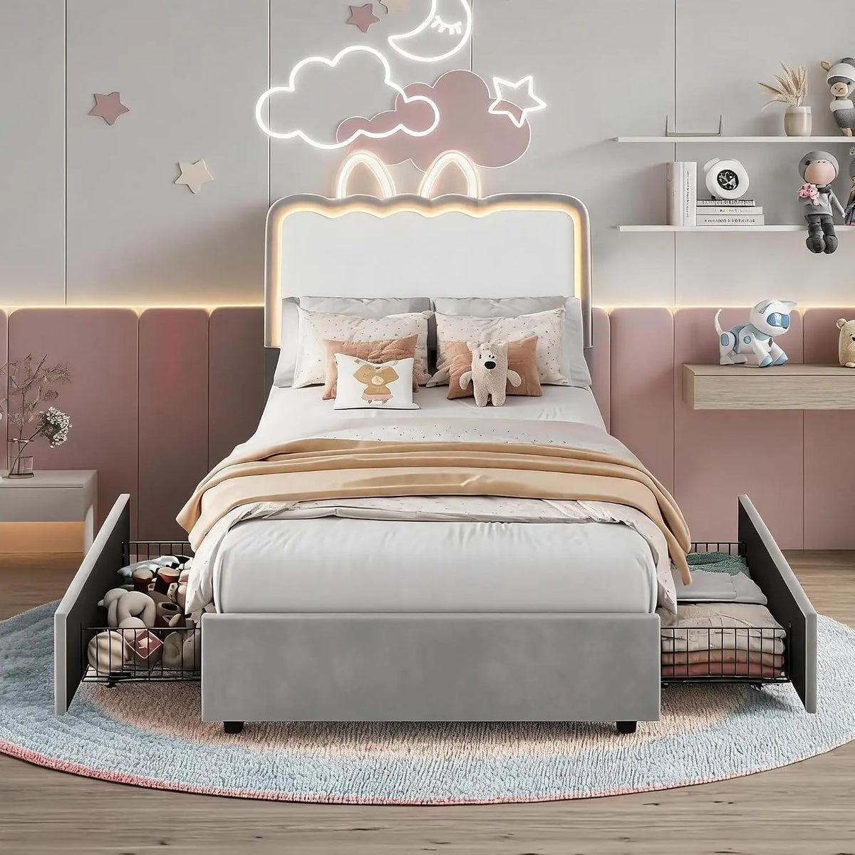 Twin Upholstered LED Bed Frame With 2 Storage Drawers, Adjustable Velvet Headboard, Platform Bed For Kids, No Box Spring Needed
