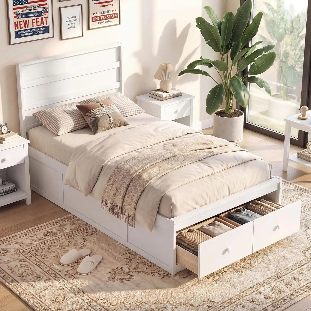 Twin Bed Frames for Kids with Storage Drawers, Wood Platform Bed with Headboard, Solid Mattress Foundation w/Wooden Slat Support & Enclosed Base, No Box Spring Needed (White, Twin)