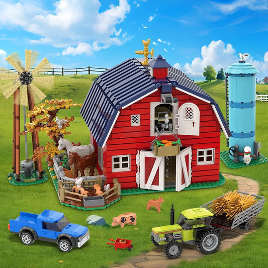 HOGOKIDS Farm Barn Building Set With Windmill Tractor And Animals