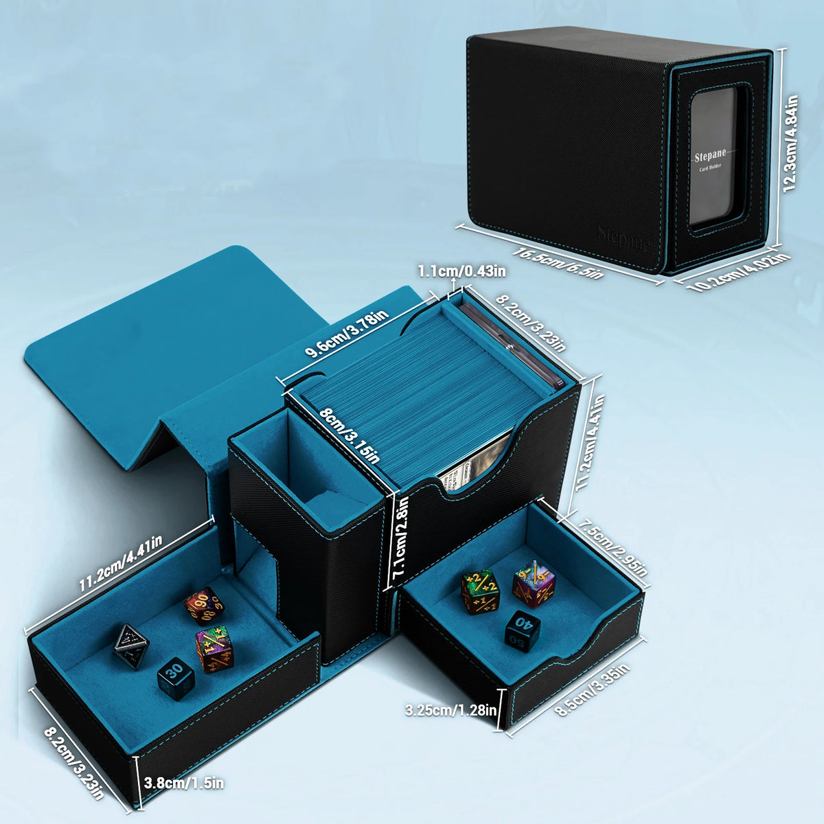 Sports Game PU Leather Card Box Display Window, Dice Side Box, All-in-One Desktop Game Card Box for Storage and Collection