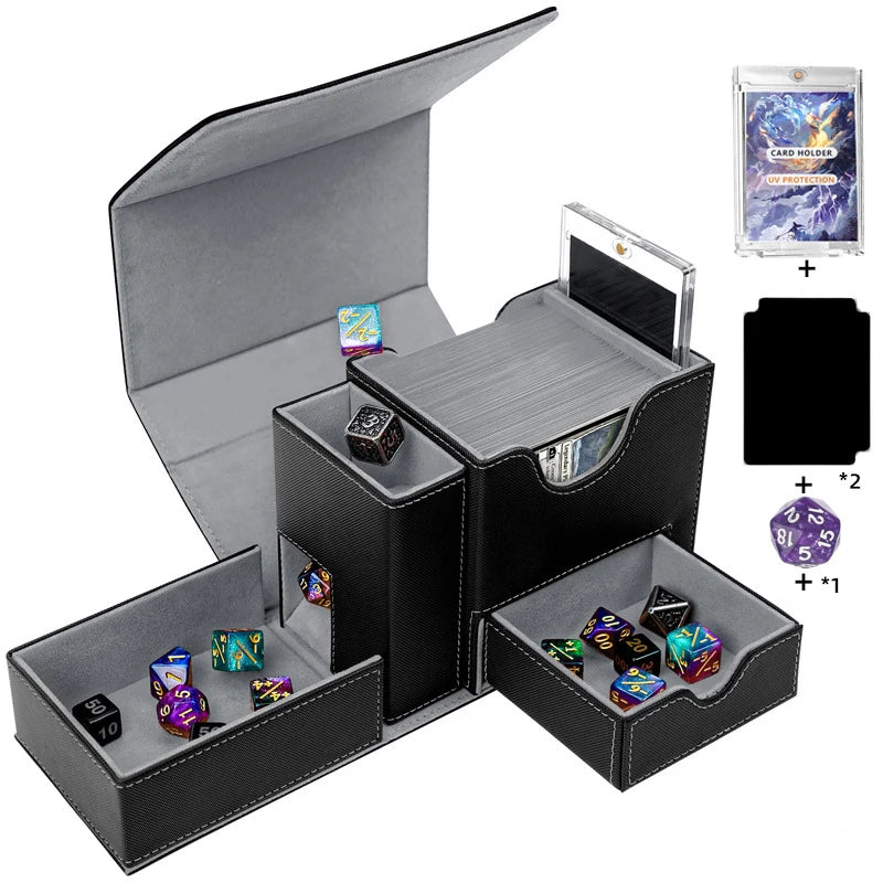 Sports Game PU Leather Card Box Display Window, Dice Side Box, All-in-One Desktop Game Card Box for Storage and Collection
