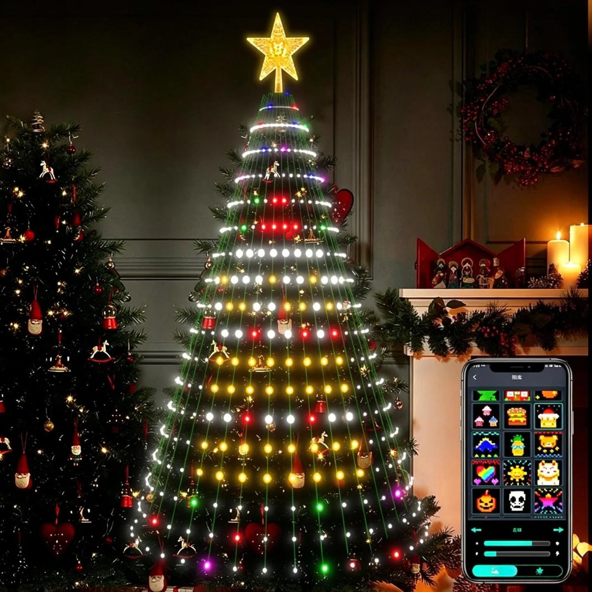 1.8CM/2.1CM RGB Christmas Tree Waterfall Lights With Star Topper,APP Remote Control LED String Lights Multicolor Fairy Light Indoor Outdoor