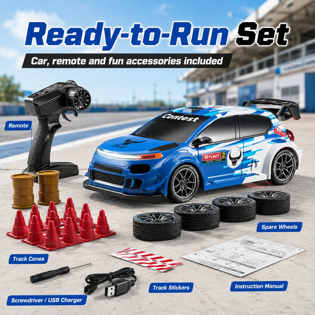 ZNLYRION SG718 1: 24 Scale 4WD RC Drift Car With Replaceable Racing Drift Tires LED Headlights Taillight Sport Rear Wing Remote Control Racing Vehicle Toy