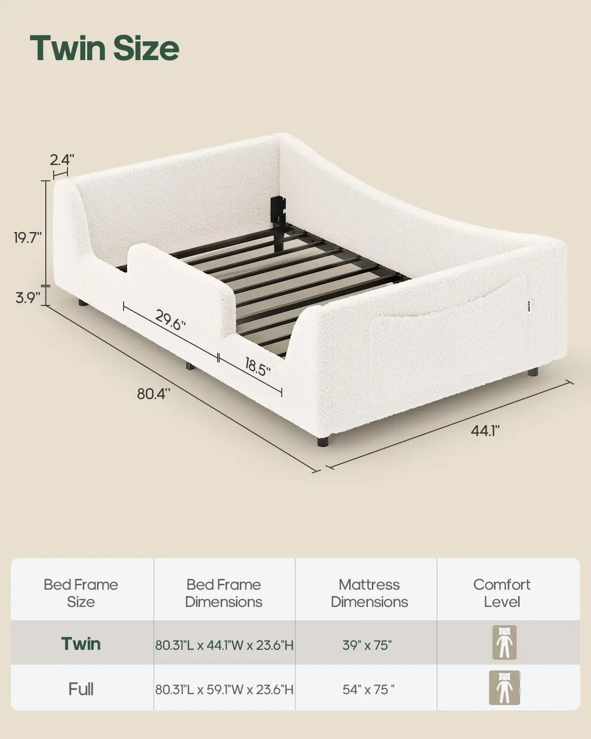 Twin Floor Bed, Low Montessori 2-in-1 Beds, Slats, High Rails, Upholstered