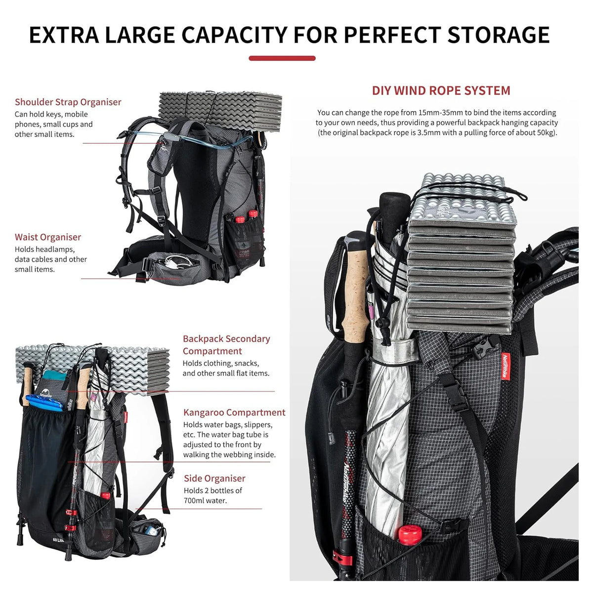 Naturehike 60 Plus 5L Waterproof Mountain Backpack With Rain Cover