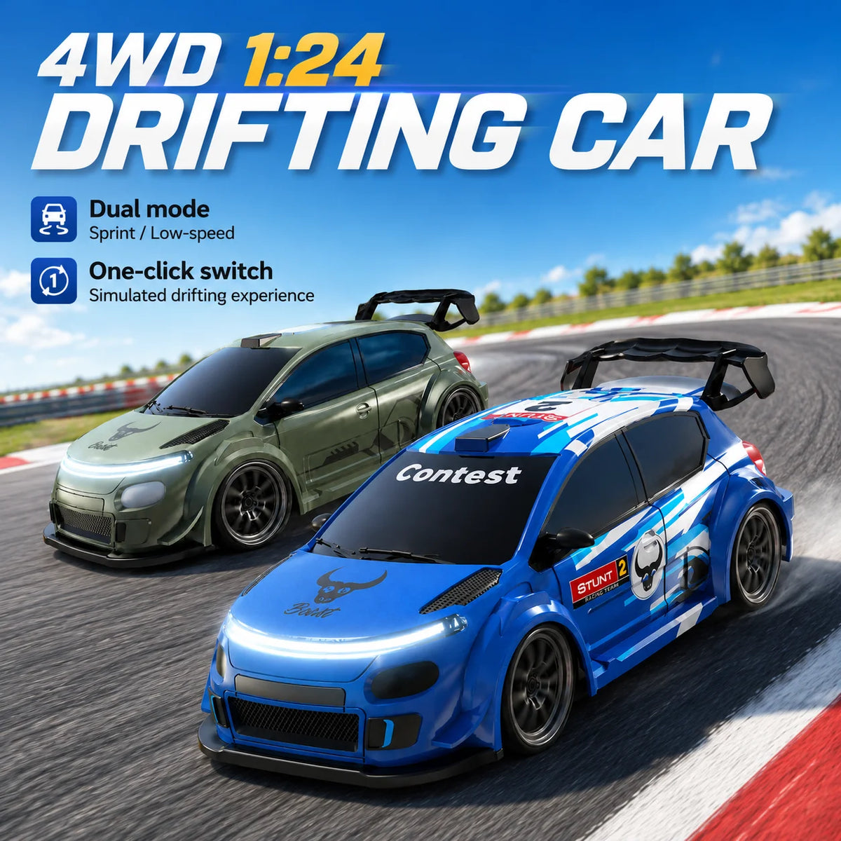 ZNLYRION SG718 1: 24 Scale 4WD RC Drift Car With Replaceable Racing Drift Tires LED Headlights Taillight Sport Rear Wing Remote Control Racing Vehicle Toy