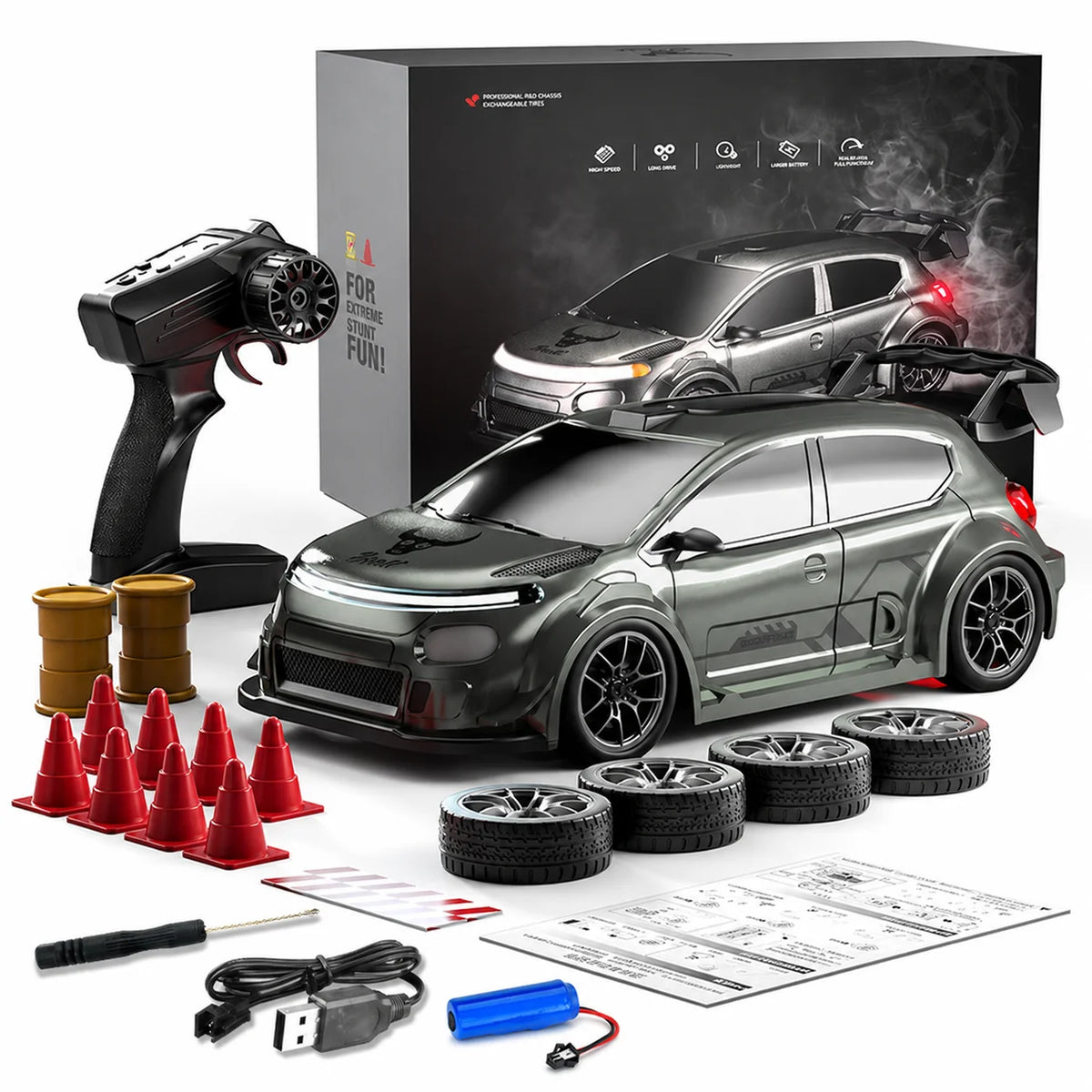 ZNLYRION SG718 1: 24 Scale 4WD RC Drift Car With Replaceable Racing Drift Tires LED Headlights Taillight Sport Rear Wing Remote Control Racing Vehicle Toy