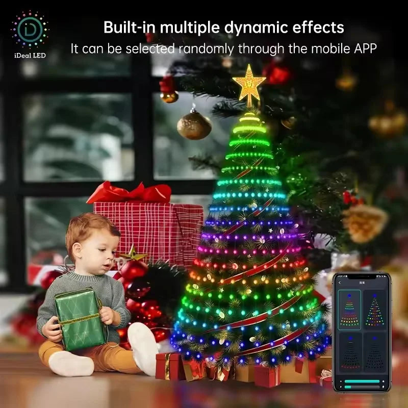 1.8CM/2.1CM RGB Christmas Tree Waterfall Lights With Star Topper,APP Remote Control LED String Lights Multicolor Fairy Light Indoor Outdoor
