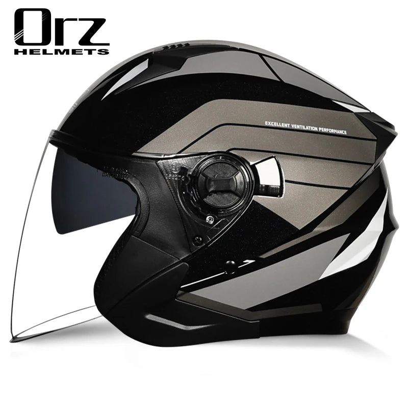 ORZ Motorcycle Open Face Helmet With Dual Lens Visor