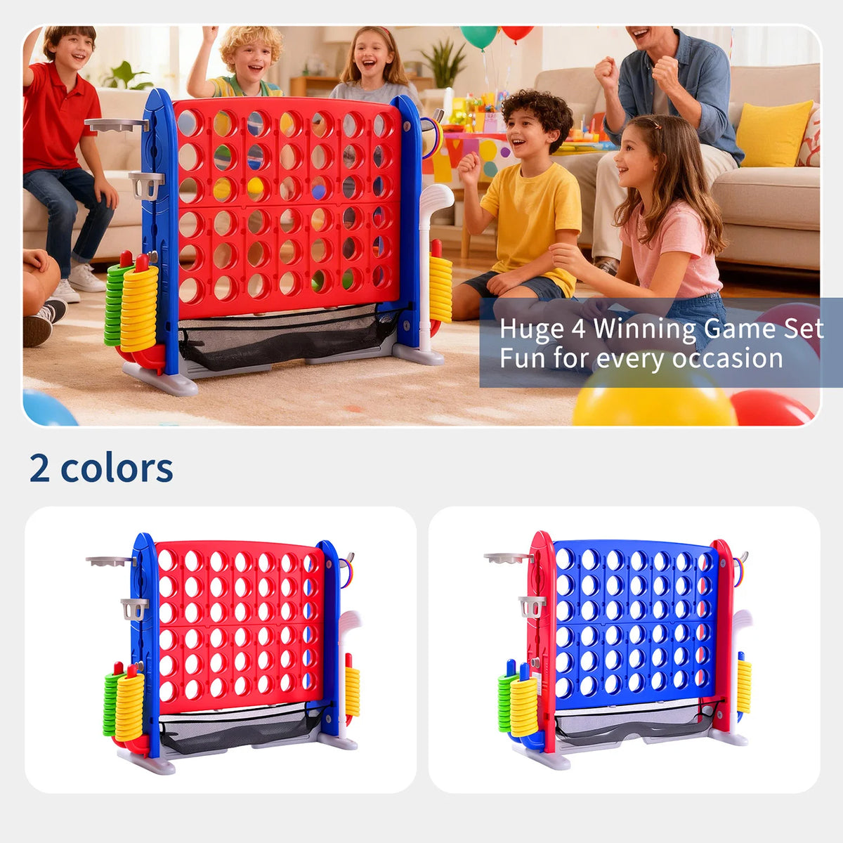 4-in-1 Giant Connect Game Set Adjustable Height, Basketball Hoop, Ring Toss and Net Jumbo Outdoor Yard Game for Families Events