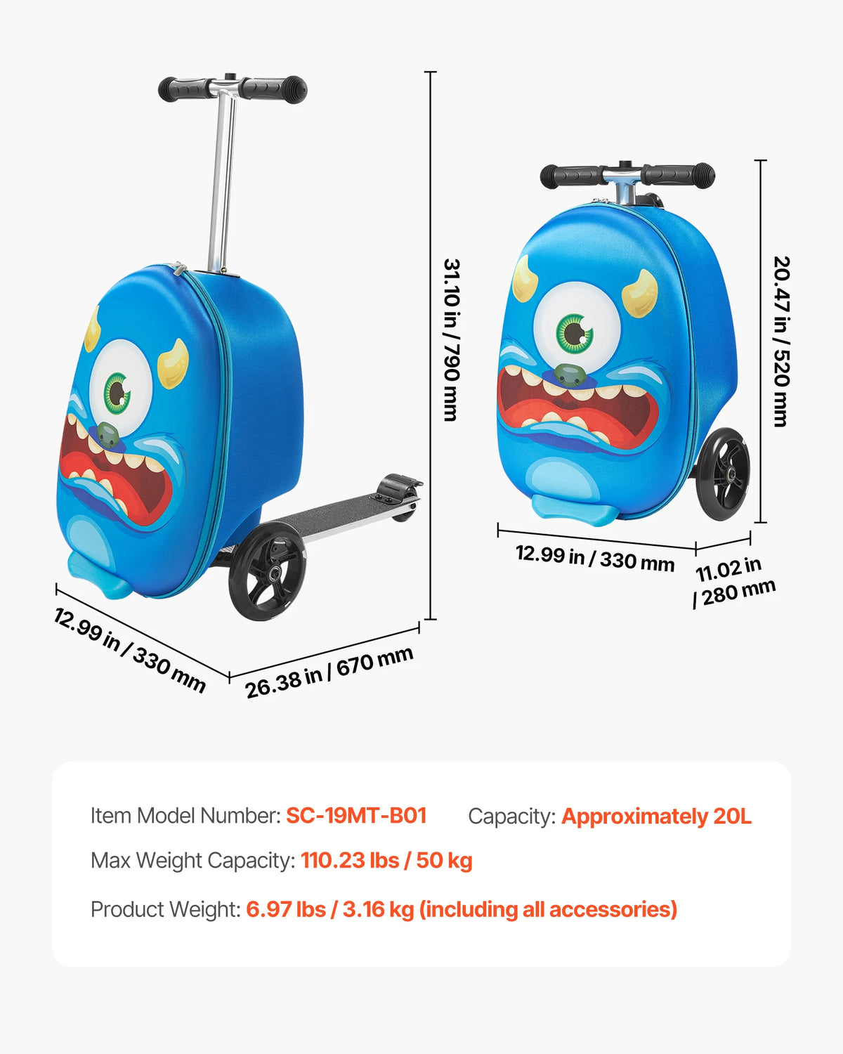 SucceBuy Kids Ride On Luggage Scooter Suitcase With Adjustable Handle