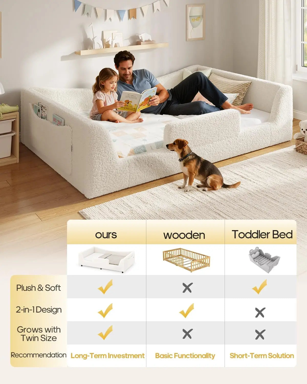 Twin Floor Bed, Low Montessori 2-in-1 Beds, Slats, High Rails, Upholstered