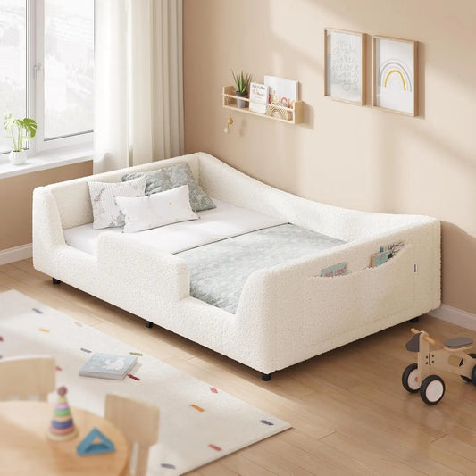 Twin Floor Bed, Low Montessori 2-in-1 Beds, Slats, High Rails, Upholstered