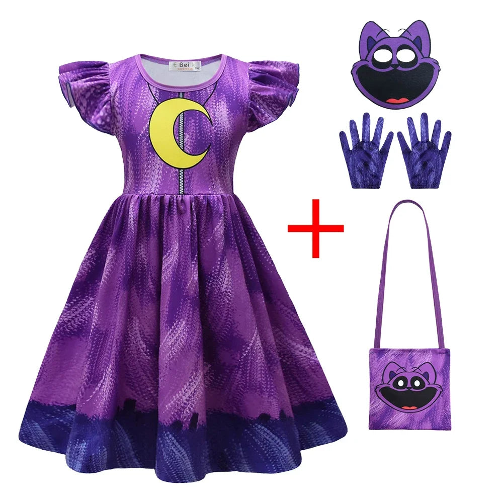Girl Catnap Smiling Critters Cosplay Costume Kids Cartoon Cat Nap Dogday Print Dress+mask+gloves+bag Set Halloween Party Gift