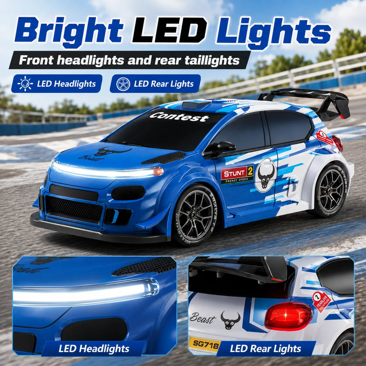 ZNLYRION SG718 1: 24 Scale 4WD RC Drift Car With Replaceable Racing Drift Tires LED Headlights Taillight Sport Rear Wing Remote Control Racing Vehicle Toy
