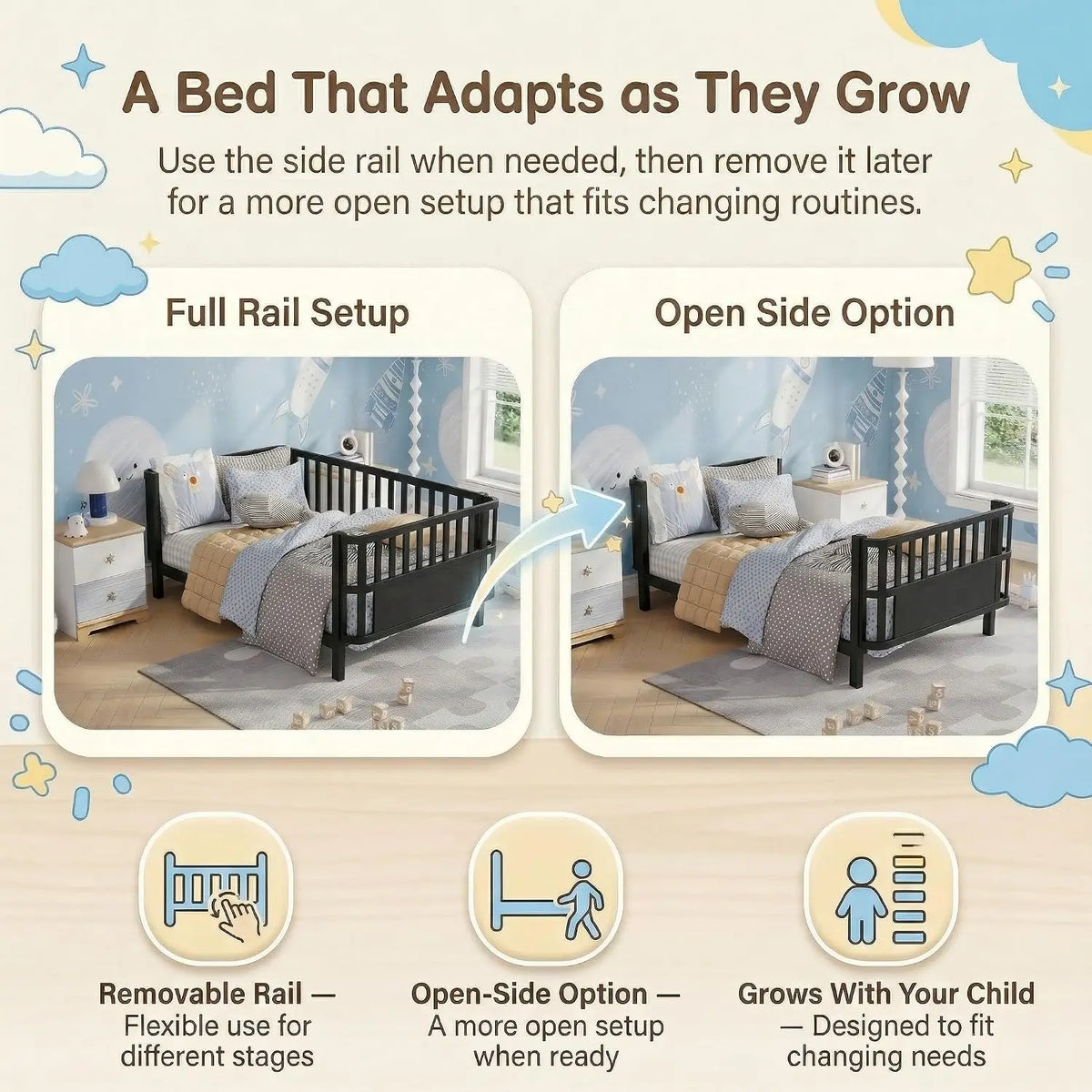 Twin Kids Bed Frame with Rails, Low Profile Montessori-Style Metal Bed for Boys Girls Teens, Removable Side Rail, 3-Sided Safety Guardrails, Metal & MDF Twin Daybed, No Box Spring Needed, Black
