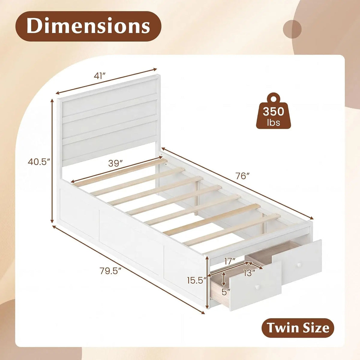 Twin Bed Frames for Kids with Storage Drawers, Wood Platform Bed with Headboard, Solid Mattress Foundation w/Wooden Slat Support & Enclosed Base, No Box Spring Needed (White, Twin)