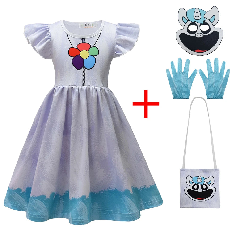 Girl Catnap Smiling Critters Cosplay Costume Kids Cartoon Cat Nap Dogday Print Dress+mask+gloves+bag Set Halloween Party Gift